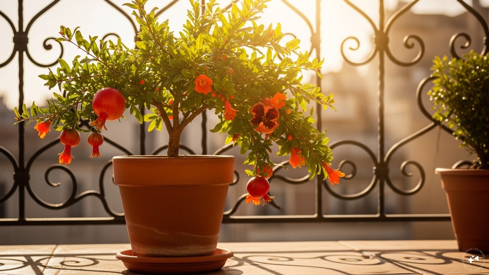     Place the pot in full sunlight: Pomegranate plants need plenty of sunlight to grow and produce flowers. Keep the pot in a bright location where it receives at least six to eight hours of direct sunlight per day. A sunny balcony, terrace or deck is ideal.