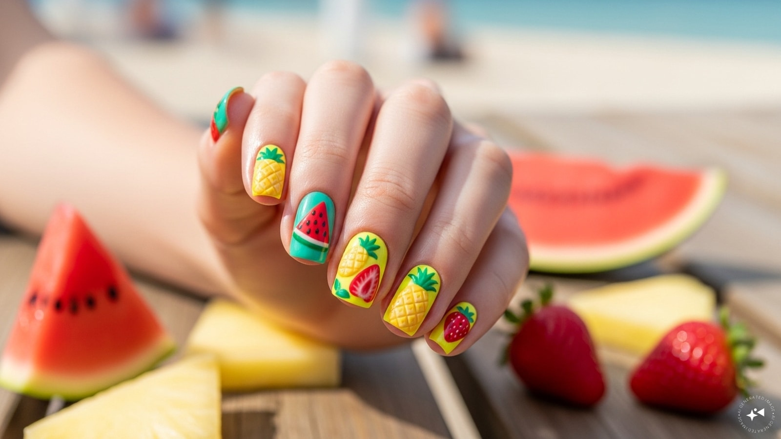 Fruit-inspired fun: watermelon slices, pineapples, strawberries and fruity nail art is fun and refreshing. A bright base color with small fruit details adds a cheerful touch that screams summer.
