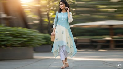 8. Asymmetrical Hem Kurta: Asymmetrical hem kurtas add a contemporary edge to summer dressing. Their unique cuts create visual interest while remaining light and breezy. Pair them with slim-fit pants or leggings to balance the silhouette and create a trendy outfit.