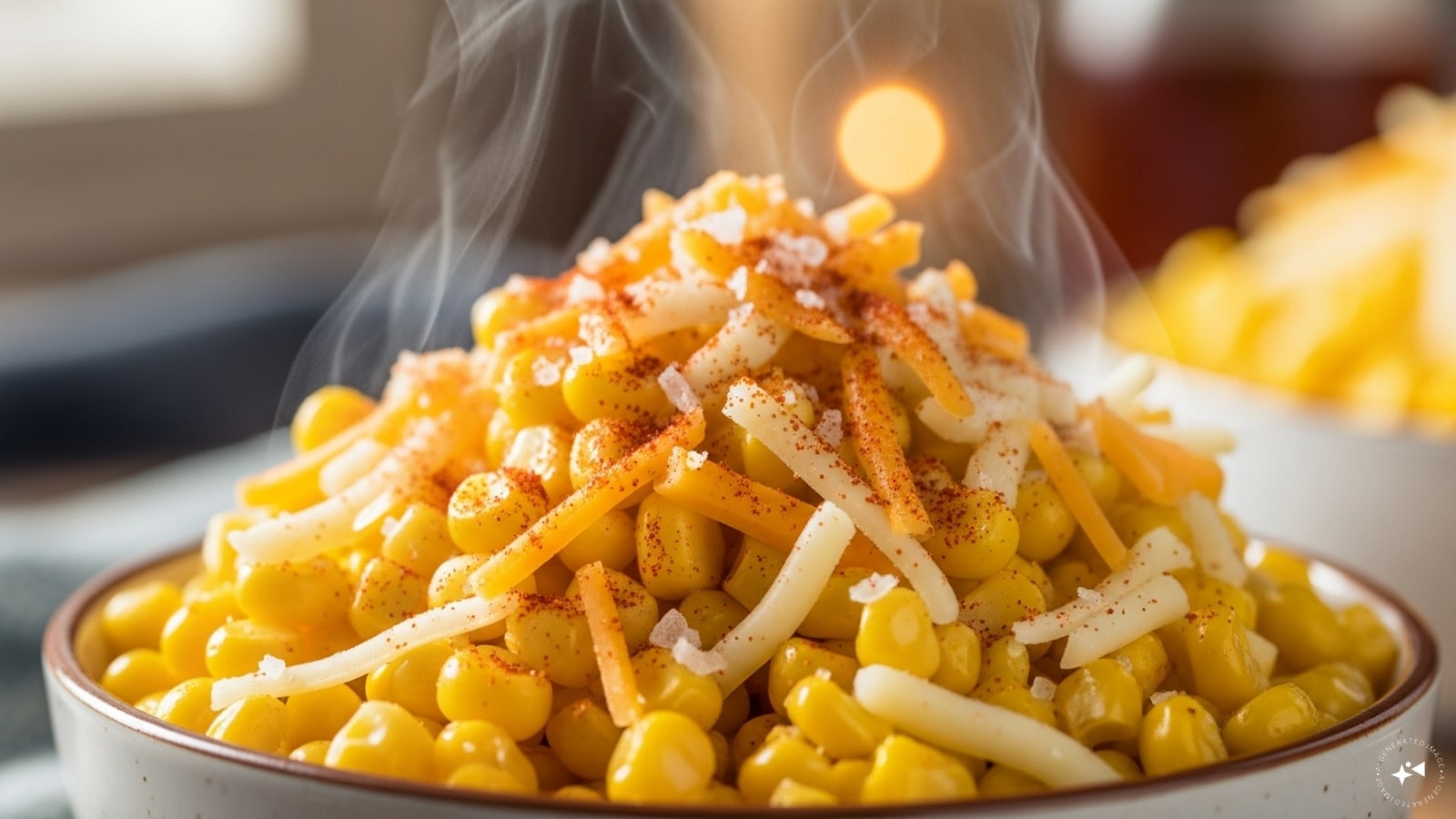  Combine boiled sweet corn, cheddar cheese, mozzarella cheese, red chilli powder, and salt.
