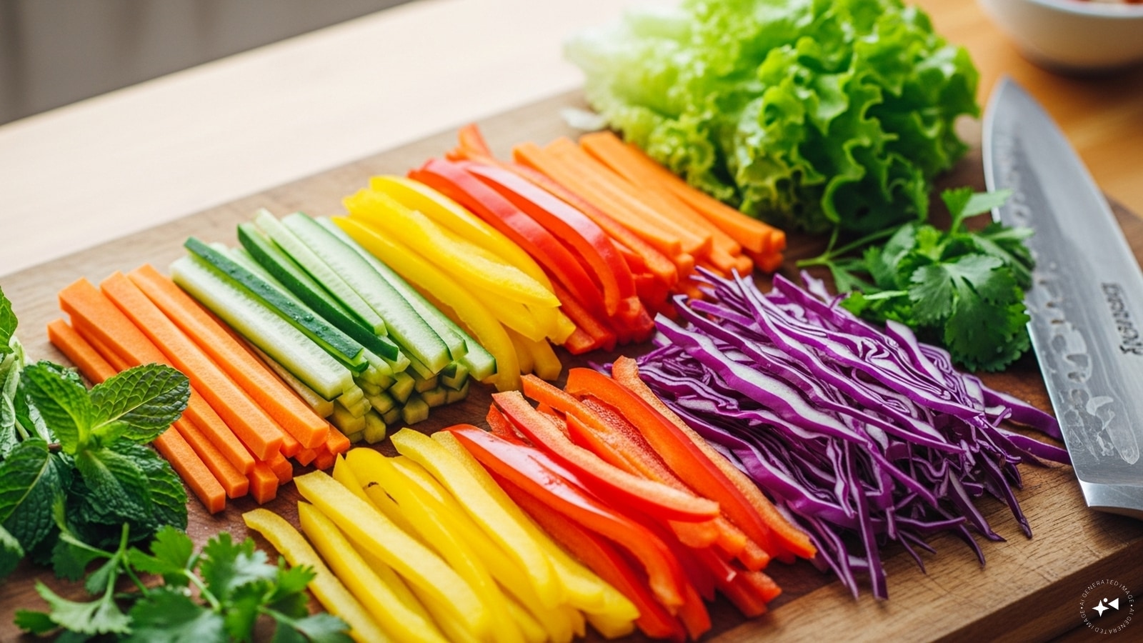 2. Step 1: Prep Your VegetablesStart by choosing fresh, crunchy vegetables. Carrots, cucumbers, bell peppers, cabbage, and lettuce work wonderfully. Slice everything into thin, even strips so they roll easily. You can also add fresh herbs like mint and coriander for an extra burst of flavour. The key is to keep the filling light and crisp. 2. Step 1: Prep Your VegetablesStart by choosing fresh, crunchy vegetables. Carrots, cucumbers, bell peppers, cabbage, and lettuce work wonderfully. Slice everything into thin, even strips so they roll easily. You can also add fresh herbs like mint and coriander for an extra burst of flavour. The key is to keep the filling light and crisp.