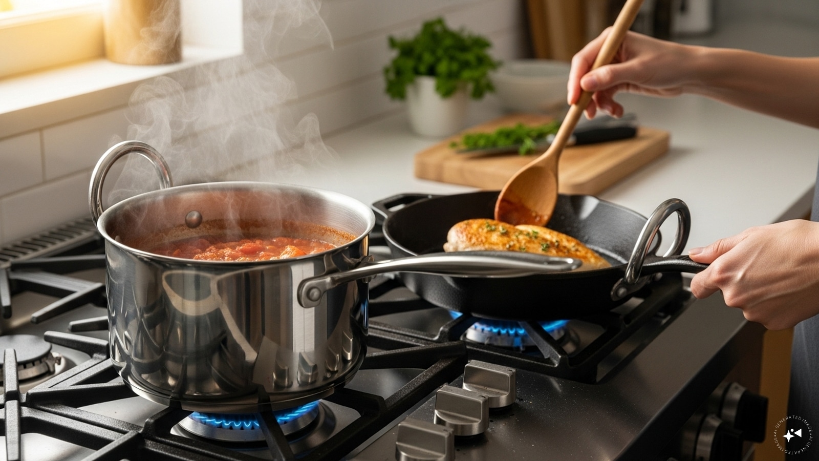 Turn Pot Handles Inward: While cooking, turn pot and pan handles inward so they are not sticking out. This prevents children or adults from accidentally knocking them over, avoiding dangerous spills of hot oil, boiling water, or food that can cause serious burns.