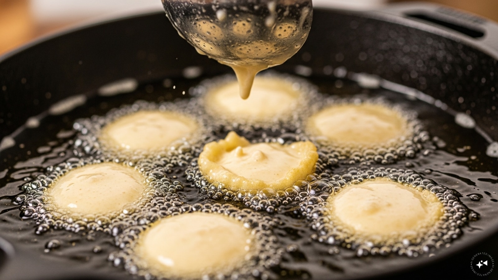 Drop small portions of the batter into medium-hot oil and fry evenly until they turn light golden. 