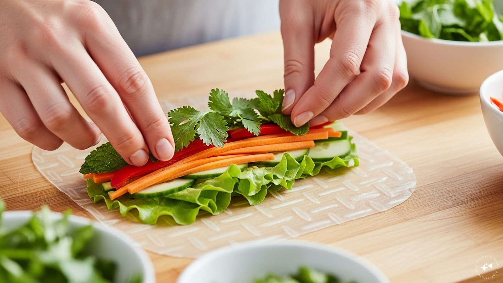 4. Step 3: Layer the FillingArrange a small portion of lettuce first, followed by your sliced vegetables and herbs. Keep the filling slightly below the centre of the sheet. Avoid overloading, as too much filling can tear the delicate wrapper. 4. Step 3: Layer the FillingArrange a small portion of lettuce first, followed by your sliced vegetables and herbs. Keep the filling slightly below the centre of the sheet. Avoid overloading, as too much filling can tear the delicate wrapper.