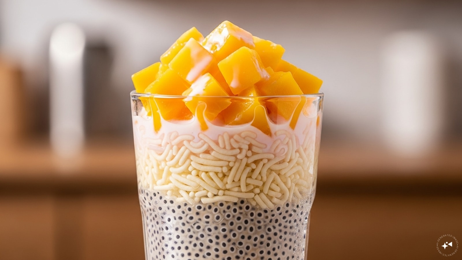  Then, in a tall glass, add 2 tablespoons of basil seeds. Add the cooked falooda sev and add chopped mango pieces. 