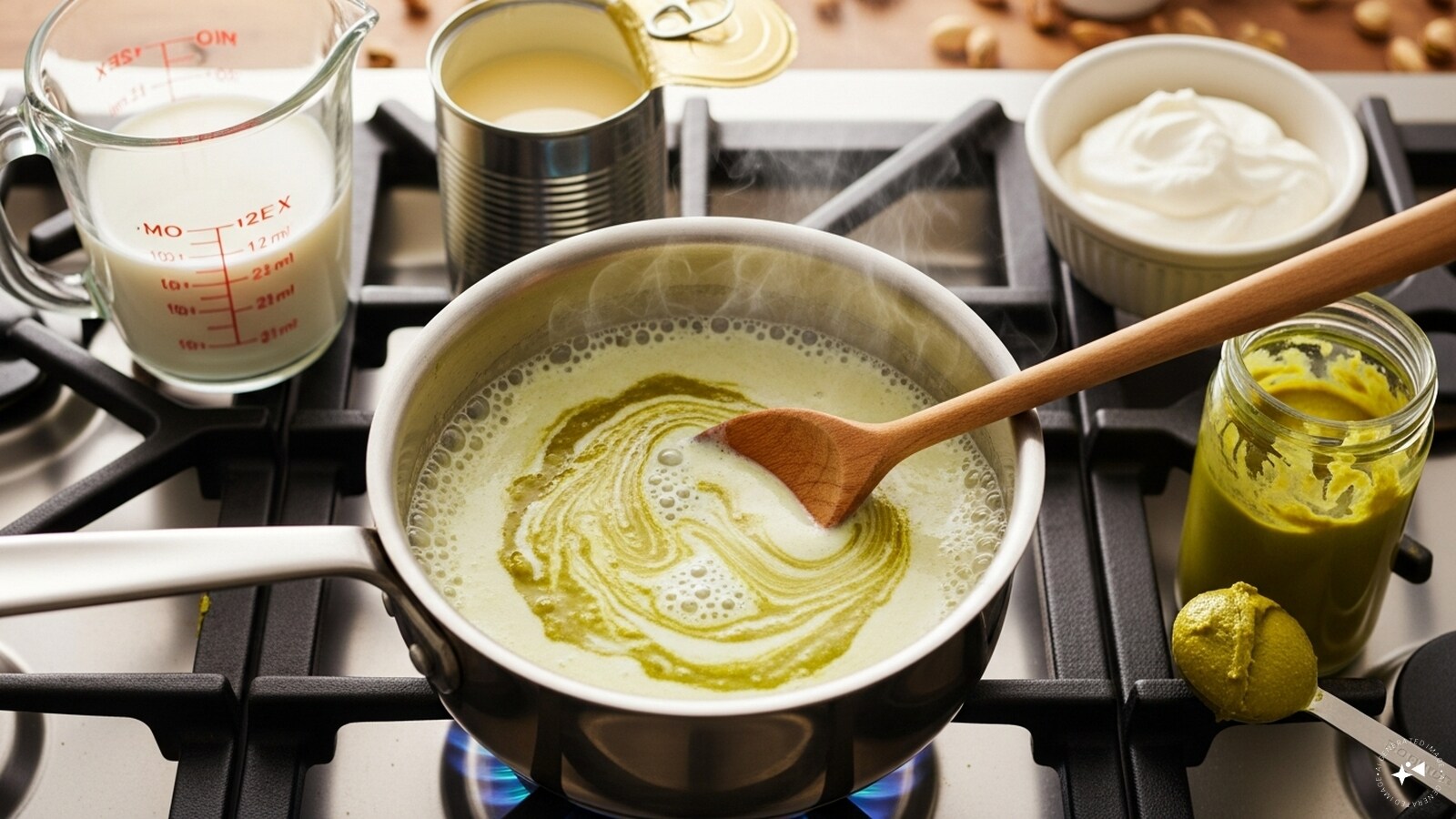 In a pan, combine equal parts milk, condensed milk, and cream. Stir in 2 tablespoons of pistachio paste and bring the mixture to a gentle boil for 2–3 minutes.