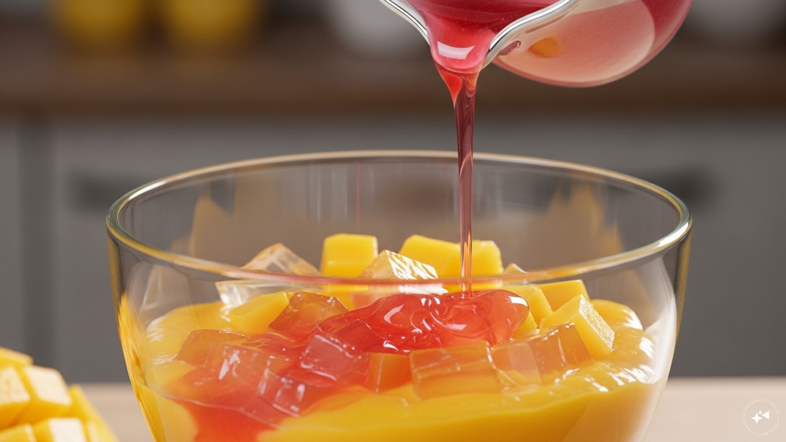  Now, add the rose syrup. Add the cubed mango jelly (optional). Add the mango pulp or puree.