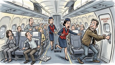 When restrained from opening the door by the airline crew, Utkarsh allegedly abused and threatened them. (AI Generated)