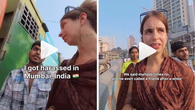 The viral video shows two men following and harassing the vlogger while repeatedly demanding selfies despite her refusal. (Instagram/lost.with.ines)