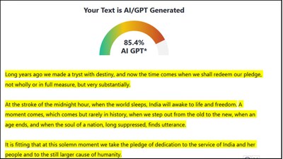 ZeroGPT, one of the most popular content detectors online, flags Jawaharlal Nehru's 1947 'Tryst with Destiny' speech as AI-generated. 