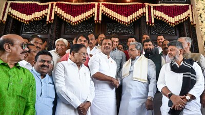 Speaker UT Khader, CM Siddaramaiah, Deputy CM DK Shivakumar and others at the renovated entrance on the western side of the Vidhana Soudha, in Bengaluru on March 24, 2026. (PTI Photo)