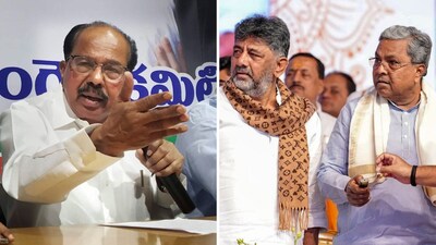 (From left) Veerappa Moily, DK Shivakumar and Siddaramaiah. (PTI File)