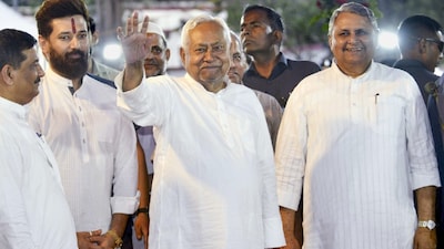 Bihar CM Nitish Kumar with Union Minister Chirag Paswan and others in Patna on March 16. 