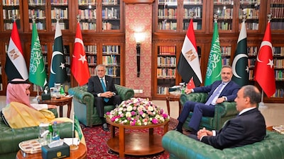 Pakistan's FM Ishaq Dar (2L) in a meeting with his counterparts Saudi Arabia's Faisal bin Farhan (L), Turkey's Hakan Fidan (2R) and Egypt's Badr Abdelatty in Islamabad.