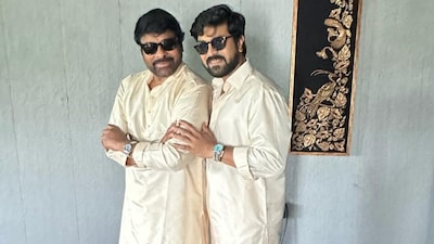 Telugu Cinema Superstar, Ram Charan with his dad, Megastar Chiranjeevi. (Image: alwaysramcharan/Instagram)