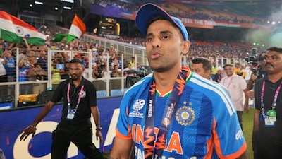 Suryakumar Yadav takes a lap of the Narendra Modi Stadium while celebrating T20 World Cup triumph. (AP Photo)