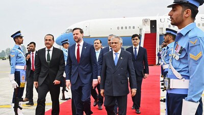 US Vice President JD Vance walking with Army Chief and Field Marshal Syed Asim Munir and Pakistan's Foreign Minister Ishaq Dar in Islamabad. (Image: AFP)