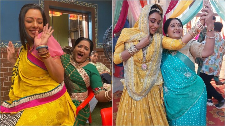 Alpana Buch and Rupali Ganguly sharing a candid moment on set