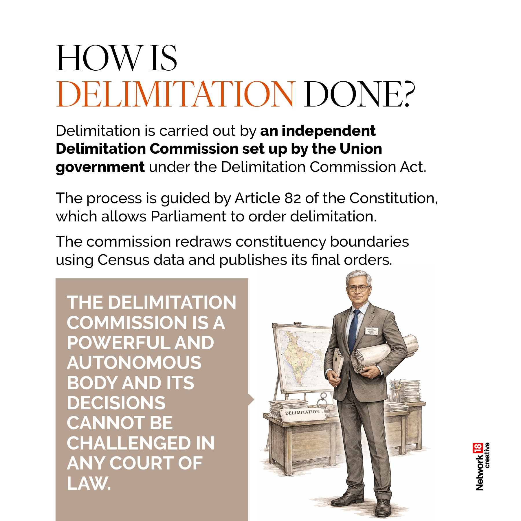 Delimitation is carried out by an independent commission that redraws constituencies using Census data, with decisions that cannot be challenged in court.
