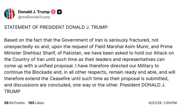  Trump Extends Iran Ceasefire, Keeps Blockade in Place