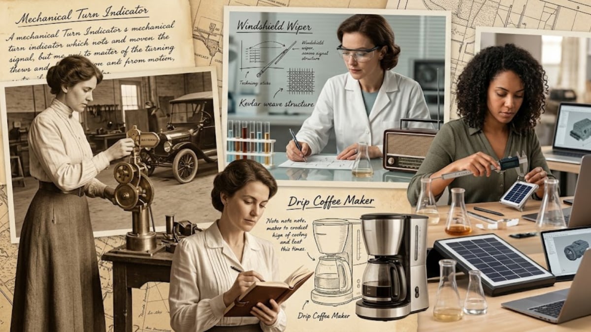 Collage of inventions credited to women, ranging from household items to life‑saving devices