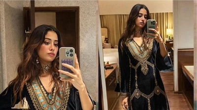 Janhvi Kapoor was seen in a stunning Amirah Velvet Kaftan by designer Sureena Chowdhri