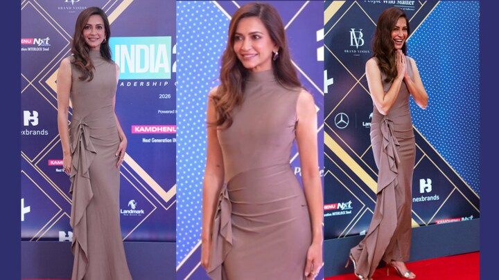 Kriti Kharbanda in a taupe bodycon dress on the red carpet