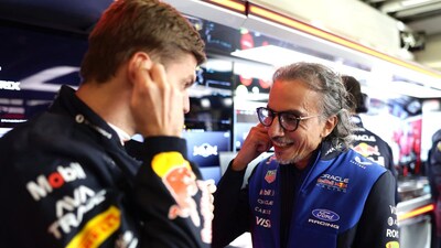 Red Bull Racing boss Laurent Mekies (L) with Max Verstappen (R) (Credit: X/RedBullRacing)