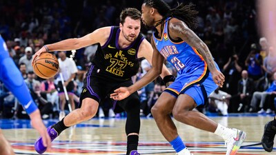 NBA: Luka Doncic got injured as Oklahoma City Thunder routed Los Angeles Lakers 139-96 (AP)