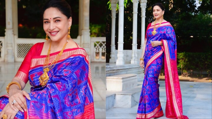 Madhuri Dixit wearing a vibrant blue and fuchsia Boyanika silk saree