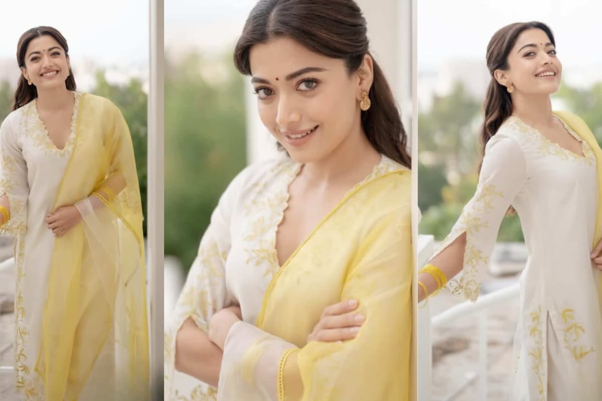 Rashmika Mandanna Keeps It Graceful And Elegant In A Beautiful Ivory Yellow Chanderi Kurta Set
