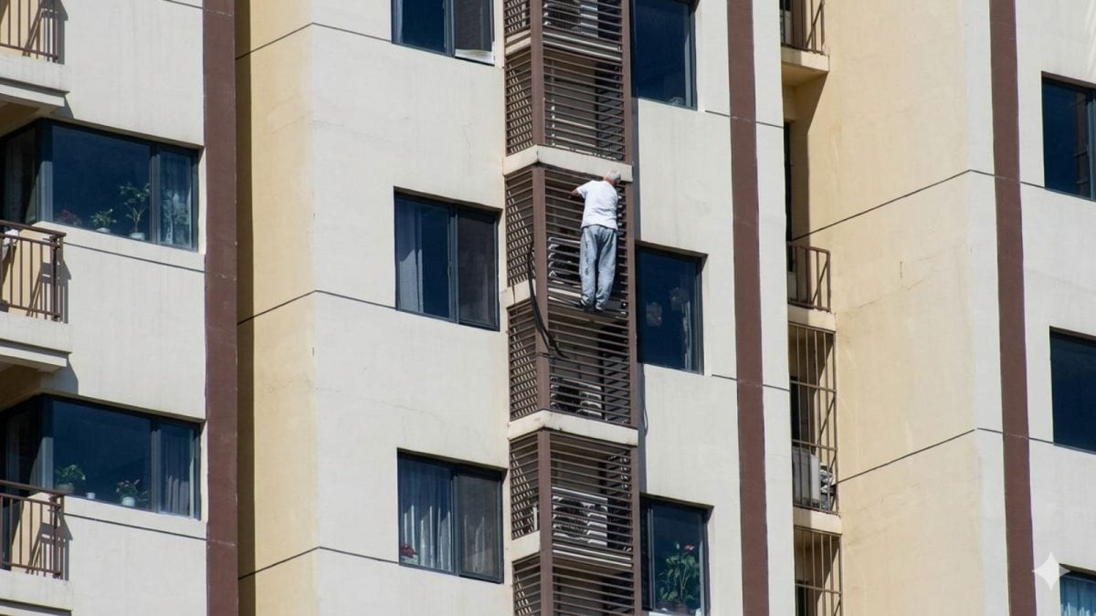 Elderly woman clinging to building railings in Beijing