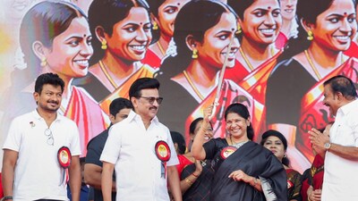 Tamil Nadu Chief Minister MK Stalin, Deputy CM Udhayanidhi Stalin and MP Kanimozhi Karunanidhi at an event. (PTI file photo)
