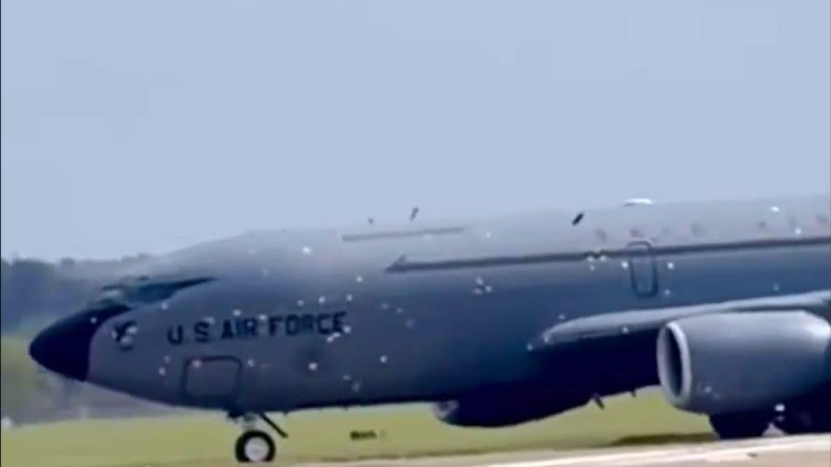 Video Shows Battle-Scarred KC-135R Landing In UK After Iran Strike Damage
