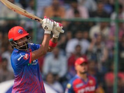 Delhi Capitals' KL Rahul hits a six during the Indian Premier League cricket match between Delhi Capitals and Punjab Kings in New Delhi, India, Saturday, April 25, 2026. (AP Photo/Manish Swarup)