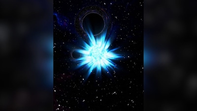 An artist's impression shows a stellar explosion with subtle hints of a black hole binary in the background, released on April 1, 2026. (Photo via Reuters)