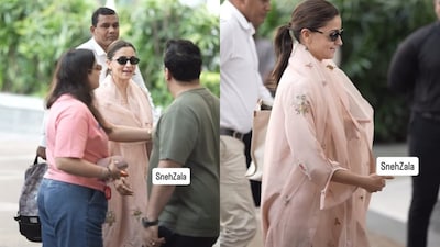 Actor Alia Bhatt was papped at the airport in a peachy-pink kurta set.  
