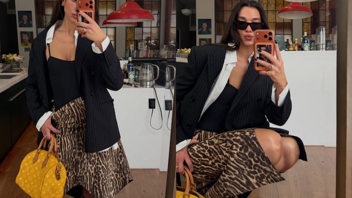 Dua Lipa Rocks Cheetah-Print Skirt and Bright Yellow Louis Vuitton Bag