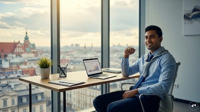 young Indian professional sitting in a modern European office in Poland, relaxed posture, laptop open, large windows, soft daylight, minimalist workspace, professional attire, work-life balance vibe (Image-AI)