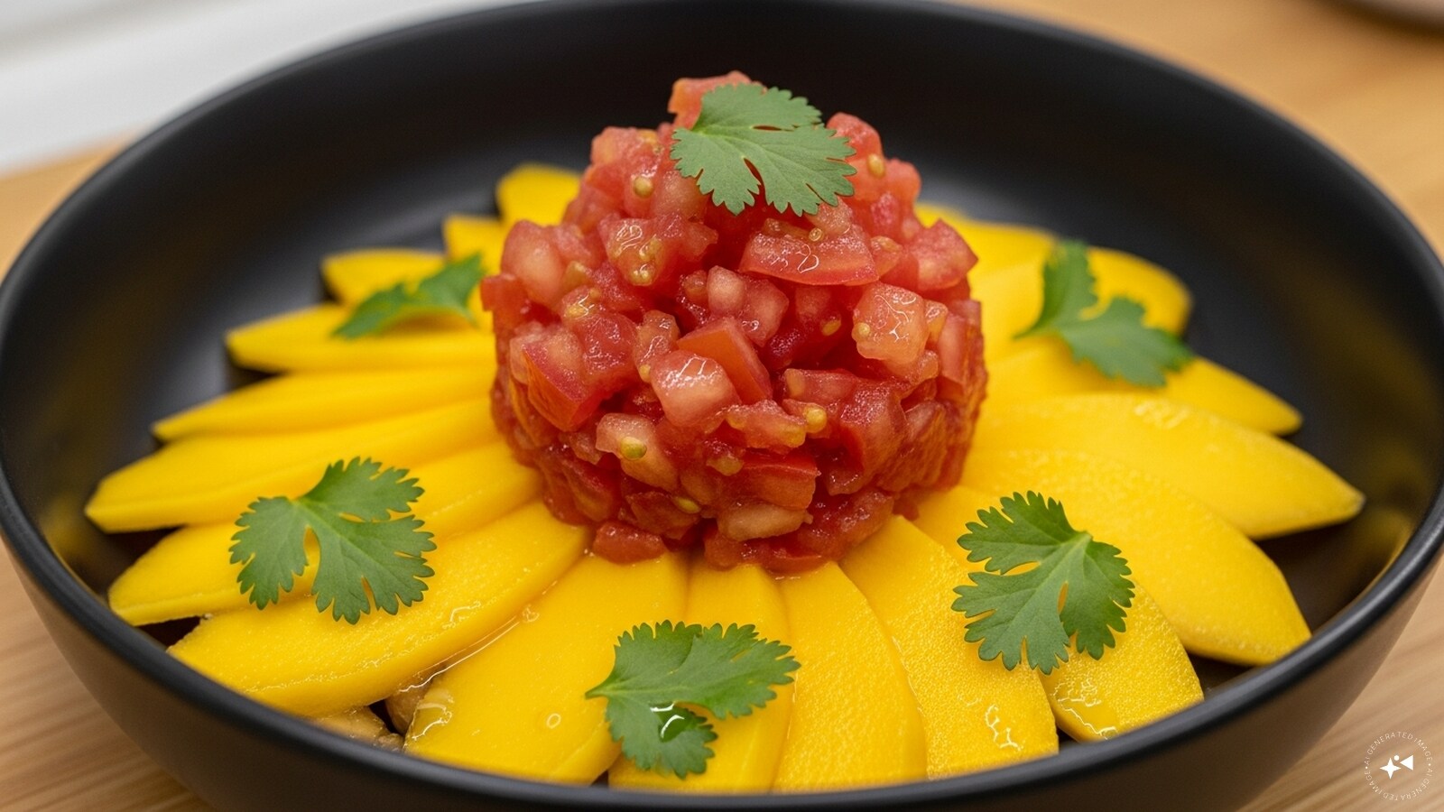  Now, take the mango slices in a bowl. Chop the tomatoes into small pieces, crush them, and put them on top of the mango slices. 