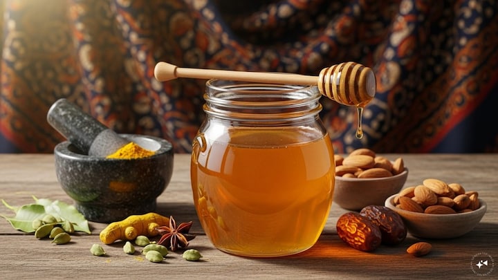 Golden honey in a rustic bowl, highlighting its natural texture and color