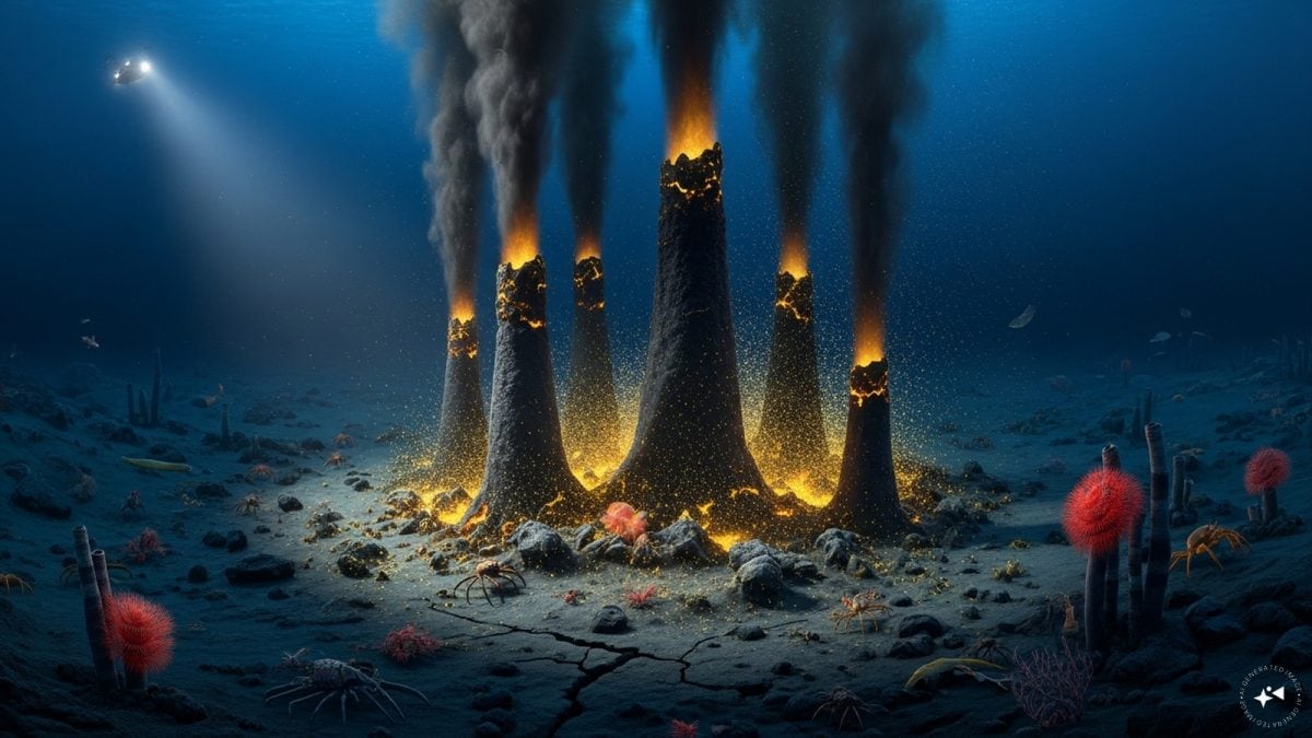Underwater view of a volcanic vent on the Pacific seafloor, the site where researchers found gold deposits