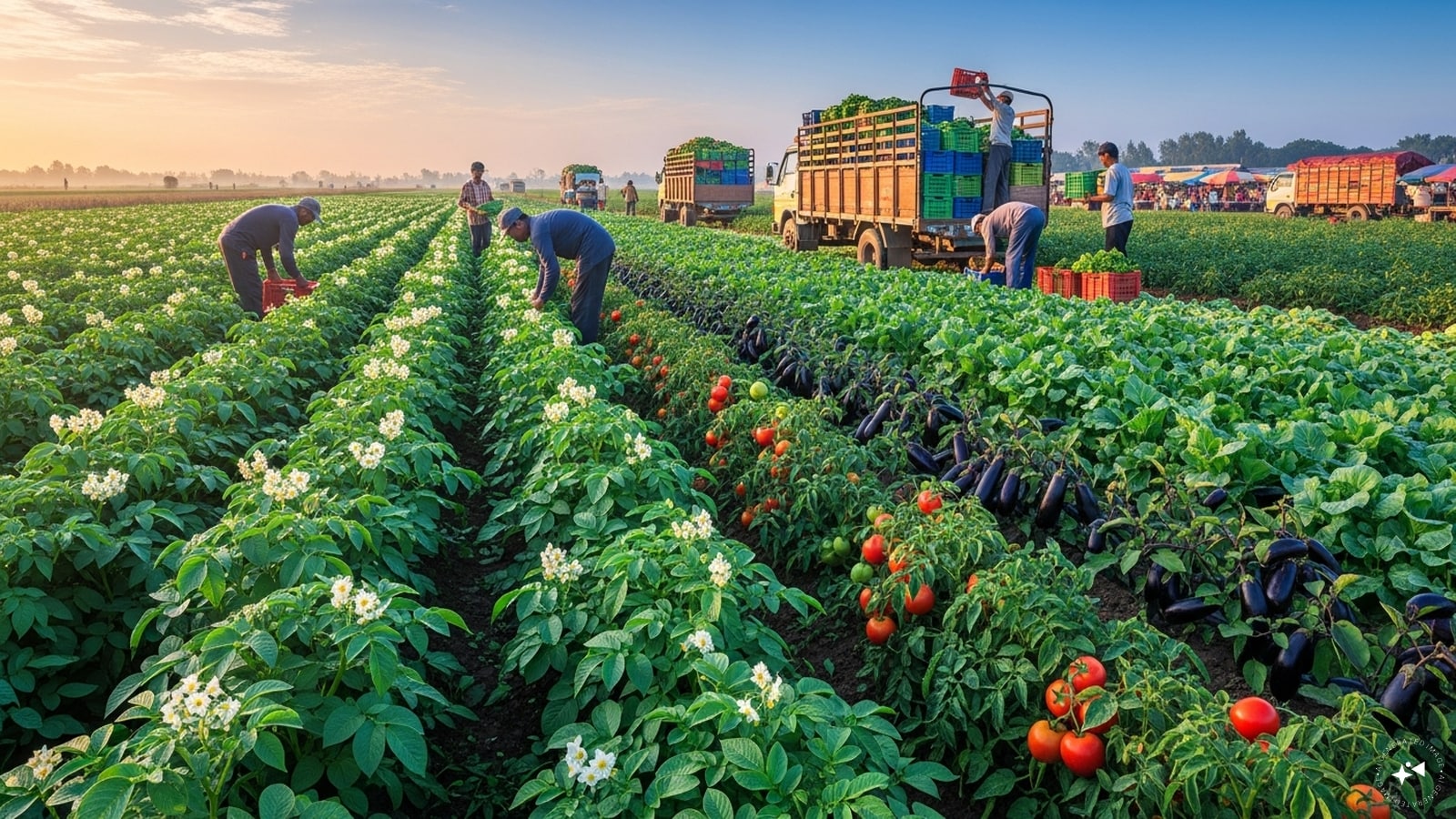 Farmers usually grow crops like potatoes, tomatoes, brinjals, and leafy vegetables in large quantities. These vegetables are supplied to several neighbouring states and markets across the country. Farmers usually grow crops like potatoes, tomatoes, brinjals, and leafy vegetables in large quantities. These vegetables are supplied to several neighbouring states and markets across the country.