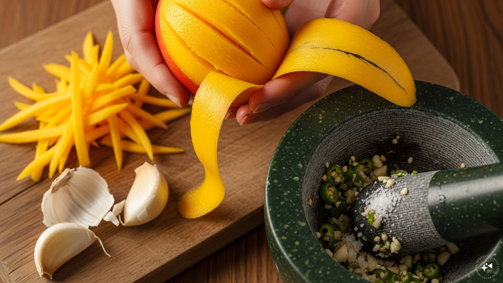  Peel a mango and shred it into thin slices. Also, peel the garlic clove, then grind the garlic pieces and green chilli with salt. 
