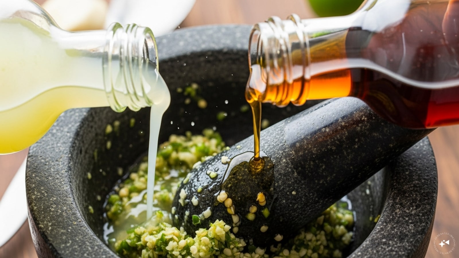  Add lime juice, fish sauce to the garlic and green chilli paste. Grind till fully mixed and made into dressing. 