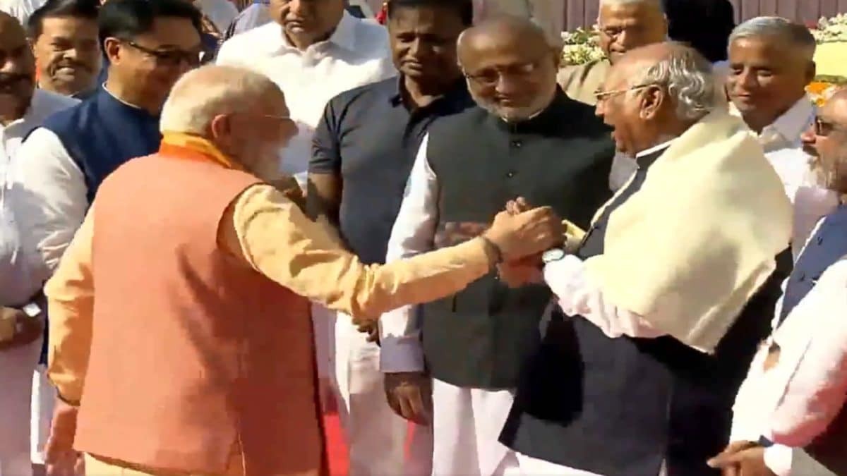 PM Modi, Mallikarjun Kharge Share Light Moment In Rare Bonhomie At Ambedkar Jayanti | Watch