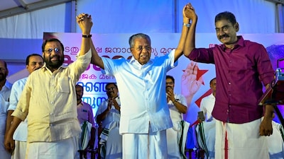 Kerala CM Pinarayi Vijayan (C) has foregrounded welfare and state-led development in LDF's campaign. (PTI)