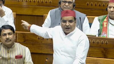 Samajwadi Party MP Dharmendra Yadav speaks in the Lok Sabha during the Special session of Parliament on April 16. (Image: PTI)