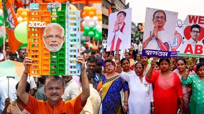 (Left) A BJP supporter holds a placard of Prime Minister Narendra Modi during a roadshow.  (Right) Supporters take part in a rally of TMC in Kolkata. (PTI Photo)