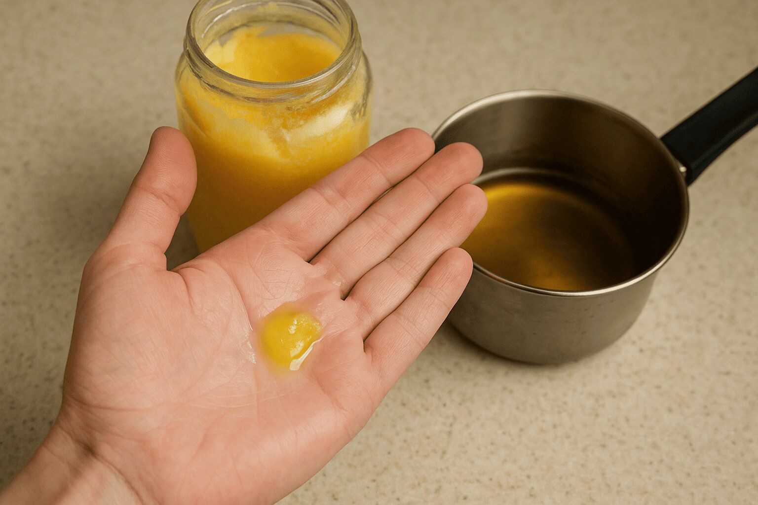 Try The Palm TestPlace a small spoonful of ghee on your palm. Pure ghee melts quickly because of your body heat. If it remains solid for an unusually long time or leaves a waxy residue, it may contain added fats. However, ambient temperature can also affect the result.
